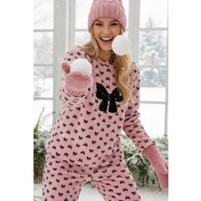 Siyah İnci Pembe Fiyonk Desenli Nakışlı Polar Kışlık Örme Pijama Takım