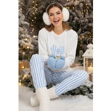Siyah İnci Beyaz Mavi Çizgili Fiyonk Nakışlı Polar Kışlık Örme Pijama Takım