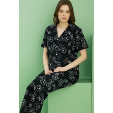 Siyah İnci Siyah Desenli Bürümcük Krınkıl Kumaş Örme Düğmeli Pijama TAKIM25118557