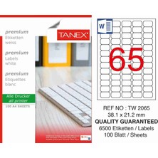 Tanex TW-2065 38,1x21,2 mm Laser Etiket 100 Adet A4 Boyutunda Kaliteli Etiketler