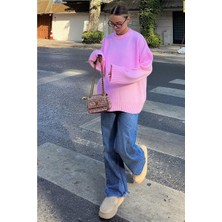 Swist Pembe Biscuit Bisiklet Yaka Oversize Kadın Triko Kazak