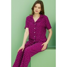 Siyah İnci Vişne Desenli Bürümcük Krınkıl Kumaş Örme Düğmeli Pijama TAKIM25118555