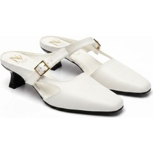 Ne&Ve Shoes Beyaz Deri Tokalı Kadın Kare Burunlu Arkası Açık Topuklu Ayakkabı