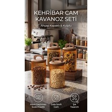 The Mia Akasya Ahşap Kulplu Vakumlu Cam Kavanoz Seti 4'lü 1000 ml Erzak Kabı Amber