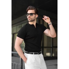 Madmext Siyah Slim Fit Hakim Yaka Triko Erkek Tişört E7189