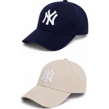 Gülümser Shop 2'li Unisex Ny New York Nakış Detaylı Ayarlanabilir Baseball Şapka - Lacivert & Krem