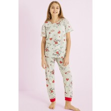 Siyah İnci Gri Kız Çocuk %100 Pamuk Kedi Kalp Baskılı Bisiklet Yaka Pijama TAKIM25110053