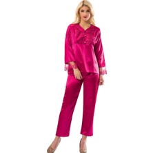Sistina Novapazr Fuşya Saten Pijama Takımı - 1595 - Beden M