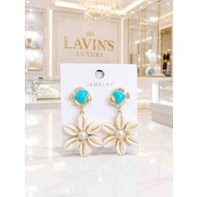 Lavin’s Luxury Deniz Kabuğu & Inci Çiçek Küpe – Turkuaz Balık Figürlü Gold Kadın Küpe