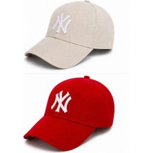 Gülümser Shop 2'li Unisex Ny New York Nakış Detaylı Ayarlanabilir Baseball Şapka - Krem & Kırmızı