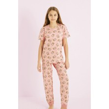 Siyah İnci Pudra Kız Çocuk %100 Pamuk Ayıcık Baskılı Bisiklet Yaka Pijama TAKIM25110055