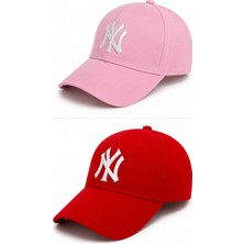 Gülümser Shop 2'li Unisex Ny New York Nakış Detaylı Ayarlanabilir Baseball Şapka - Pembe & Kırmızı