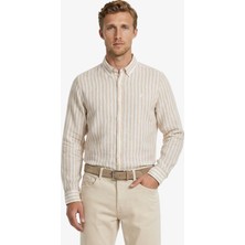 Nautica Erkek Bej Regular Fit Çizgili Keten Gömlek