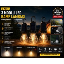 Kesene 3 Adet Güneş Enerjili USB Şarjlı 3 Modlu LED Asma Kancalı Taşınabilir Kamp Feneri Aydınlatma Lambası