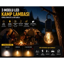 Kesene Güneş Enerjili ve USB Şarjlı 3 Modlu LED Asma Kancalı Taşınabilir Kamp Feneri Aydınlatma Lambası