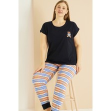 Siyah İnci Siyah Desenli Curve Büyük Beden Battal Boy Pamuklu Pijama TAKIM25103751