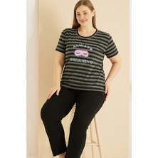 Siyah İnci Siyah Antrasit Çizgi Desenli Curve Büyük Beden Battal Boy Pamuklu Pijama TAKIM25103771