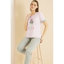 Siyah İnci Pembe Desenli Pamuklu Bisiklet Yaka Örme Pijama TAKIM25103254