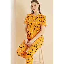 Siyah İnci Turuncu Desenli Bisiklet Yaka Örme Pijama TAKIM25103190