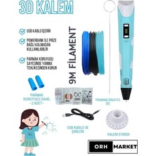 ORH MARKET 3D Kalem USB Kablolu Üç Boyutlu Yazıcı Kalem Printer-Mavi (3 Adet 3m Filament -9metre-)