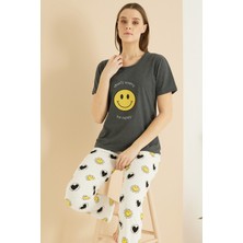Siyah İnci Antrasit Desenli Pamuklu Bisiklet Yaka Örme Pijama TAKIM25103210