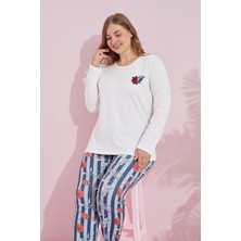 Siyah İnci Ekru Çokrenkli Pamuklu Curve Büyük Beden Battal Boy Örme Pijama TAKIM24240742