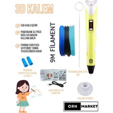 ORH MARKET 3D Kalem USB Kablolu Üç Boyutlu Yazıcı Kalem Printer-Sarı (3 Adet 3m Filament -9metre-)