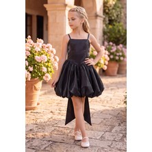 Butik Happy Kids Kız Çocuk Abiye Siyah Monoray Parlak Kumaş Balon Etekli Askılı  Fiyonklu Abiye Elbise 9-12 Yaş Doğum Günü Düğün Davet Elbisesi