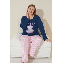 Siyah İnci Indigo Baskılı Pamuklu Curve Büyük Beden Battal Boy Örme Pijama Takım 24240660