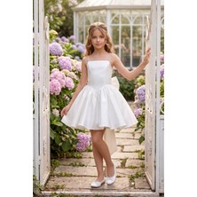 Butik Happy Kids  Kız Çocuk Abiye  Beyaz Monoray Parlak Kumaş Taş Askılı Fiyonklu  Kalarık Prenses Abiye Elbise 9-12 Yaş Mezuniyet Düğün Davet Elbisesi