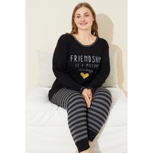 Siyah İnci Siyah Baskılı Pamuklu Curve Büyük Beden Battal Boy Örme Pijama Takım 24240674