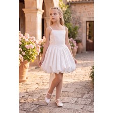 Butik Happy Kids Kız Çocuk Abiye Beyaz Monoray Parlak Kumaş Balon Etekli Askılı  Fiyonklu Abiye Elbise 9-12 Yaş Doğum Günü Düğün Davet Elbisesi