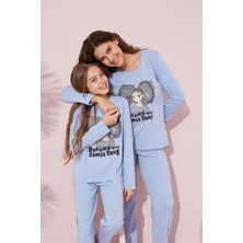 Siyah İnci Mavi Baskılı Pamuklu Örme Pijama Takım 24241084