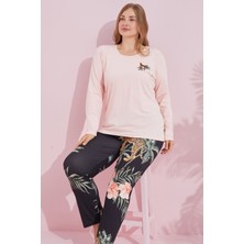 Siyah İnci Somon Çokrenkli Pamuklu Curve Büyük Beden Battal Boy Örme Pijama TAKIM24240727
