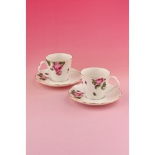 Bursa Porselen Dekor Pink Rose Altın Yaldızlı Iki Kişilik Porselen Kahve Fincan Takımı