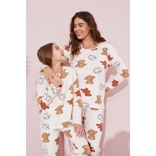 Siyah İnci Ekru Ayıcık Desenli Pamuklu Örme Pijama Takım 24241081