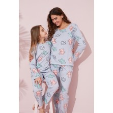 Siyah İnci Mavi Ayıcık Desenli Pamuklu Örme Pijama Takım 24241076