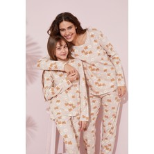 Siyah İnci Bej Ayıcık Desenli Pamuklu Örme Pijama Takım 24241098