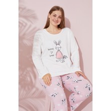 Siyah İnci Ekru Baskılı Pamuklu Curve Büyük Beden Battal Boy Örme Pijama Takım 24240720