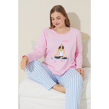 Siyah İnci Pembe Baskılı Pamuklu Curve Büyük Beden Battal Boy Örme Pijama Takım 24240670