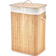 Mayf Dikdörtgen Bambu Ahşap Kirli Çamaşır Sepeti 40X30X60CM Seyyar Kapaklı Içi Bezli Ip Kulplu (5332)