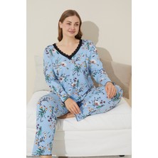 Siyah İnci Mavi Çiçek Desenli Pamuklu Curve Büyük Beden Battal Boy Örme Pijama Takım 24240622