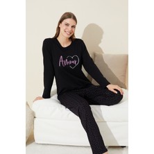 Siyah İnci Siyah Baskılı Pamuklu Örme Pijama Takım 24240129
