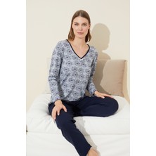 Siyah İnci Gri Desenli Pamuklu Örme Pijama Takım 24240126
