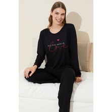 Siyah İnci Siyah Baskılı Pamuklu Örme Pijama Takım 24240116
