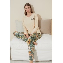 Siyah İnci Krem Nakışlı Pamuklu Örme Pijama Takım 24240108