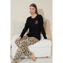 Siyah İnci Siyah Nakışlı Pamuklu Örme Pijama Takım 24240106