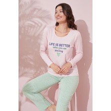 Siyah İnci Pembe Baskılı Pamuklu Örme Pijama Takım 24240155