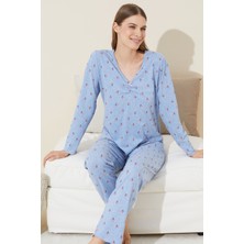 Siyah İnci Mavi Çiçek Desenli Pamuklu Örme Pijama Takım 24240117