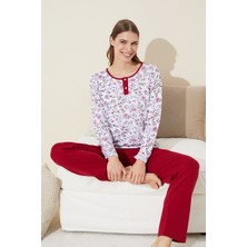 Siyah İnci Beyaz Çiçek Desenli Düğmeli Pamuklu Örme Pijama Takım 24240128
